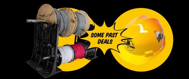 Cable spool and hard hat with 'Some past deals' callout