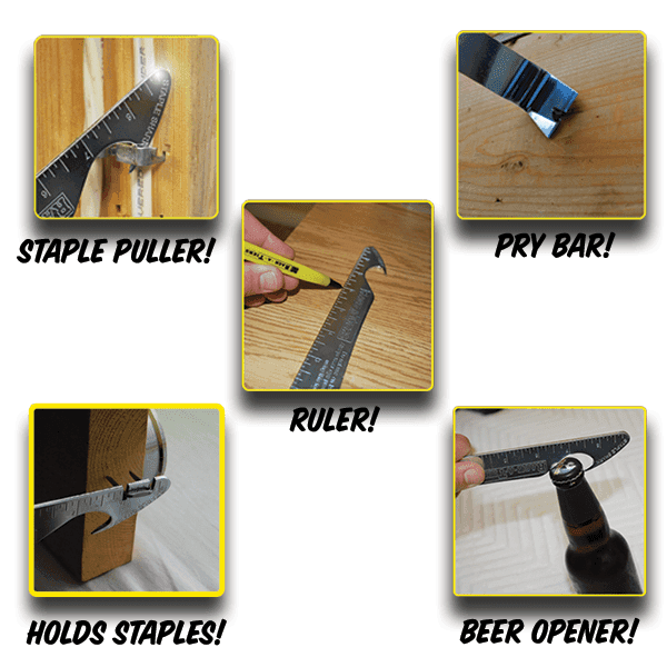 Five different images showing the common uses for a Staple Shark. The text for each image reads, from top left to bottom right, “staple puller”, “pry bar”, “ruler”, “holds staples!” and “beer opener.”