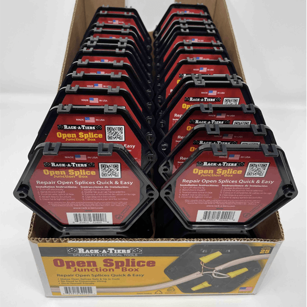A display box full of Open Splice Junction Boxes. The packaging features usage instructions and Rack-A-Tiers Branding.