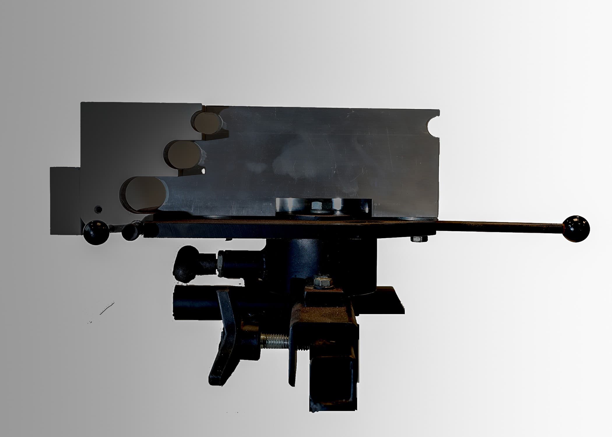 Skybender lift-mounted conduit bender. the tool is shown from the side showing the 3 EMT conduit bending slots.