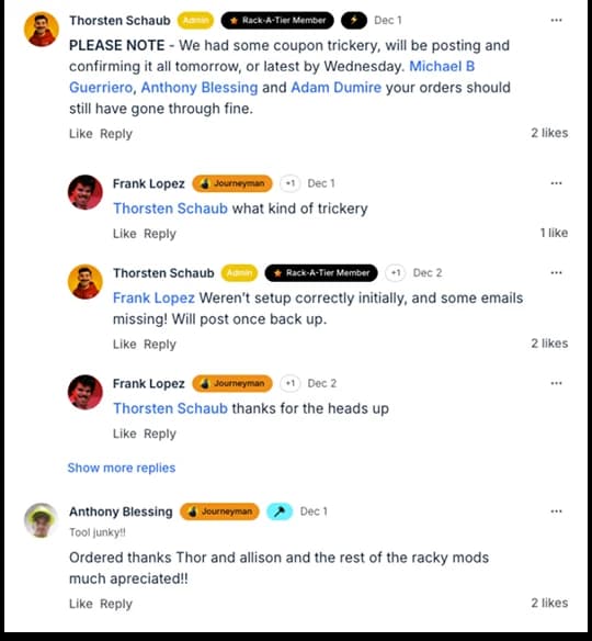 Screenshot of posts in the Racky Inventor's Forum