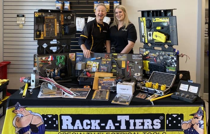 Rack-A-Tiers founders with their specialty electrical tools